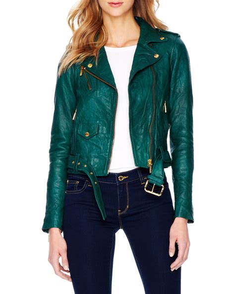 michael kors green leather jacket|Michael Kors leather motorcycle jacket.